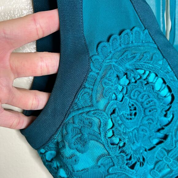 Adelyn Rae Fit & Flare Dress XS Teal Green Lace Embroidered Mini V-Neck Cocktail - Picture 11 of 12